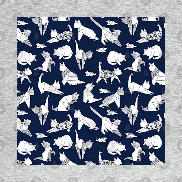 Origami kitten friends // pattern // blue navy background paper cats by SelmaCardoso